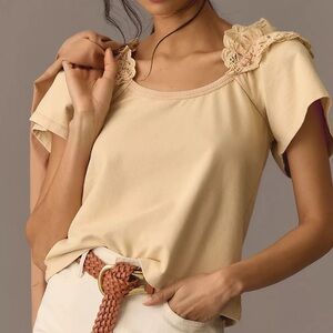 Anthropologie Pilcro Lace Eyelet Ruffle Short Sleeve Top in Beige Cream Sz. XS